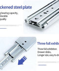 Built Tough Three Fold Full Extension Drawer Slides With Lock Mechanism One Pair Heavy Duty Cabinet Hardware close up view of steel plate design