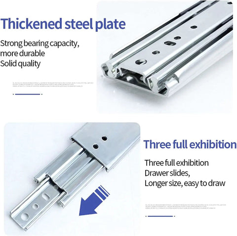 Built Tough Three Fold Full Extension Drawer Slides With Lock Mechanism One Pair Heavy Duty Cabinet Hardware close up view of steel plate design