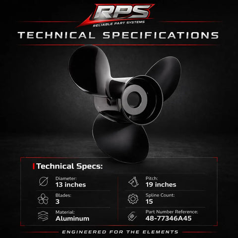 13x19 Heavy-Duty Aluminum Propeller for Outboard Motors 40-150HP BigFoot Command Thrust 4.25 Gearcase 15 Spline 3-Blade Replaces 48-77346A45 Flo-Torq II Hub Kit Included with technical specifications