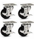 Four Pack Three Inch Swivel Plate Casters With No Sweat Side Brakes And Built Tough Black Polyurethane Wheels for smooth utility cart.
