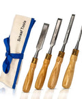 Built Tough 4 Piece Bench Chisel Set For Serious Woodworkers Carved From Top Shelf Chrome Vanadium Steel Blades displayed with canvas holder.