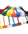 Rock Solid 100 Pack Nylon Self Locking Cable Ties With Write On Labels colorful cable ties with labels for marking bundles and supplies.