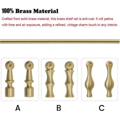 Built Tough Solid Brass Shelf Rail Kit With Spindles Adjustable Anti Fall Guard Fence For Cabinets And Display Shelving Rust Resistant Vintage Charm Eight Piece Hardware showing spindles and railing.