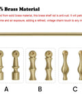 Image of Rock Solid 6MM Brass Shelf Rail Bracket Kit with three designs of sturdy brass spindles ideal for cabinets and displays.