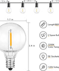 Connectable Outdoor String Lights With G40 Globe Plastic LEDs showing bulb size, 100 ft length, color temperature, voltage details