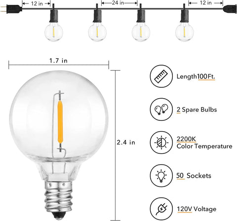 Connectable Outdoor String Lights With G40 Globe Plastic LEDs showing bulb size, 100 ft length, color temperature, voltage details