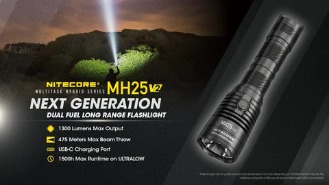 Beast Mode Long Throw 1300 Lumen Tactical Flashlight With 519 Yards Reach USB C Rechargeable Built For EDC Patrol Hiking And Caving Ultra Durable Includes Lumentac Organizer For Quick Access next to a field with a person shining the beam