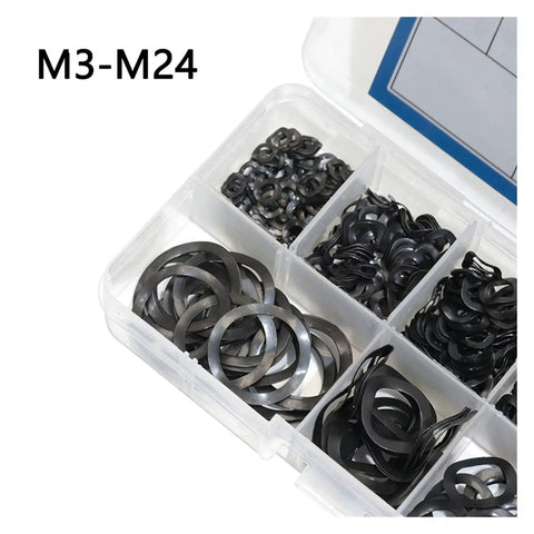 Box Of 129 Wave Washers And Spring Washers Set In Black Elastic Metal Gasket Assortment For M3 To M24 Bolts, Durable And Easy To Install, Perfect For Electrical, Automotive And Marine Applications. Open box of black M3-M24 washers organized by size.