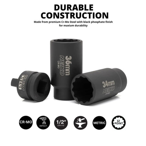 Heavy Duty 5 Piece 12 Point Socket Set 1/2 Drive for Axle Nut and Lug Nut Removal, visible sockets 36mm, 34mm with black finish