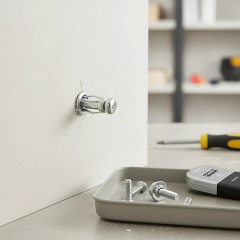 Hollow Wall Anchors M4 x 20mm Kit with Iron Expansion Bolts in drywall, visible in installation process, for shelves and mirrors.