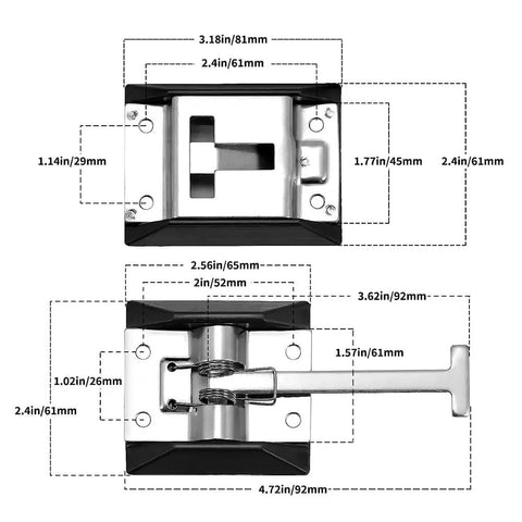 Heavy Duty 304 Stainless Steel RV Door Holder Latch For Campers And Travel Trailers, Thick T Style Entry Door Catch, dimensions shown
