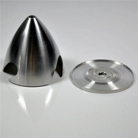 Machined Aluminum Alloy Spinner 1.5 Inch 38mm For Three Blade RC Airplane Propeller, silver finish, separate components displayed