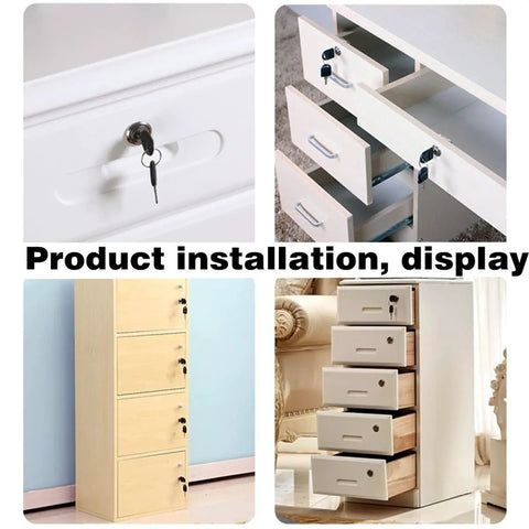 Go-To Silver Cabinet Drawer Lock With 19Mm Hole on various cabinets and drawers, showcasing installation and use in different styles and colors.