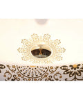 Slick Oval Ceramic Bathroom Sink For Countertop Vanity Rock Solid Above Counter Style With Pop Up Drain No Overflow Easy Setup Knockout Look For Small Half Baths And Daily Home Refreshers featuring decorative golden floral patterns.