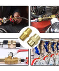 12 Piece Brass Pipe Fittings Set 3/8 In NPT Male And Female Hex Nipples Couplers displayed in various plumbing applications