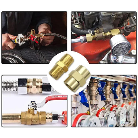12 Piece Brass Pipe Fittings Set 3/8 In NPT Male And Female Hex Nipples Couplers displayed in various plumbing applications