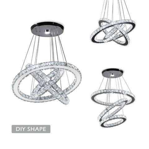 Modern Crystal Chandelier With Three Ring Pendant Lights LED Ceiling Fixture In Stainless Steel Non Dimmable Cool White 6500K