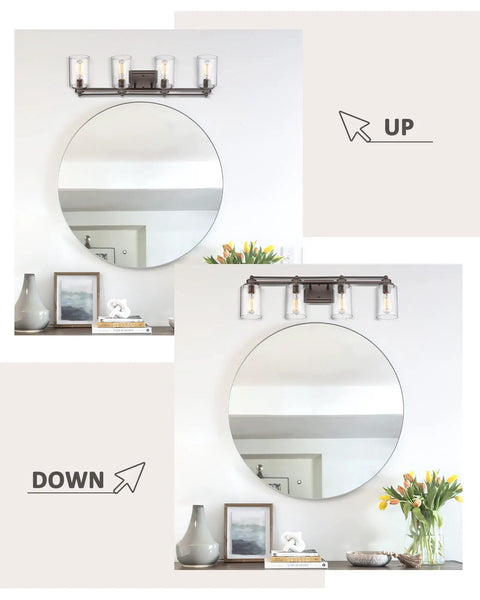 4 Light Vanity Light Fixture In Oil Rubbed Bronze Finish With Clear Glass Cylinders installed upward and downward