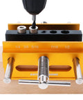 Self Centering Doweling Jig Kit For 6 Inch Dowel Jig With 6 Drill Guide Bushings clamped on wood with drill in use