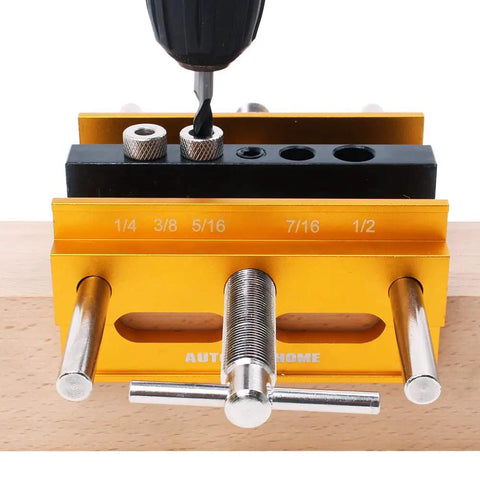 Self Centering Doweling Jig Kit For 6 Inch Dowel Jig With 6 Drill Guide Bushings clamped on wood with drill in use