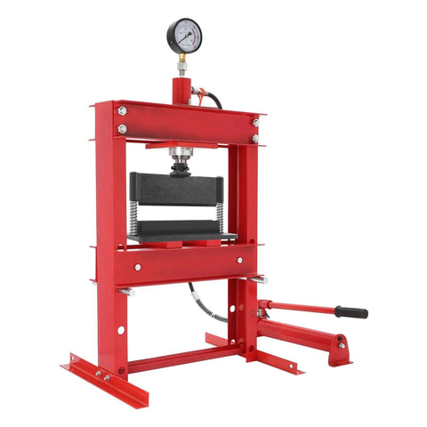 12 Inch Press Brake Attachment on hydraulic shop press, red frame, for bending up to 12 inches and 3/16 inch thickness with 90 degree capability