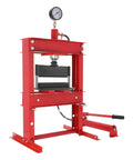 Hydraulic Press Brake Attachment For Standard 12 To 20 Ton Shop Presses 90 Degree Bending Tool in red with gauge and handle