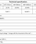 Technical specification chart for 200mm 0-5K Ohm Linear Position Sensor, showing precision, resistance, stroke length details.