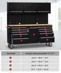 Badass Rolling Tool Chest With Eleven Deep Drawers Plus Three Extra Upper Cabinets Seventy Two Inch black steel cart with drawers and wood top.