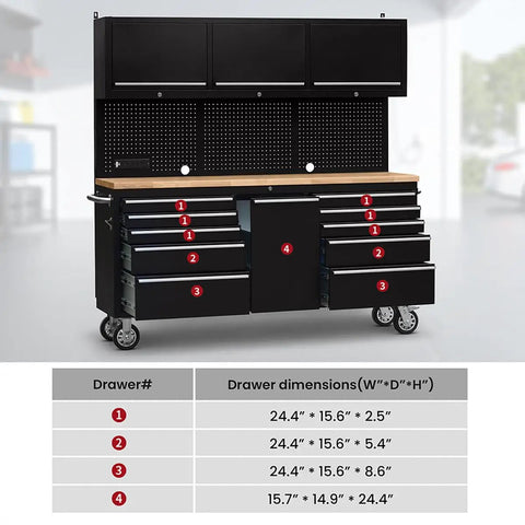 Badass Rolling Tool Chest With Eleven Deep Drawers Plus Three Extra Upper Cabinets Seventy Two Inch black steel cart with drawers and wood top.