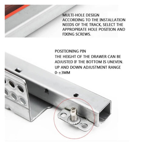 No Sweat Push To Open Drawer Slides One Pair Twenty Inch Undermount Cabinet Hardware with multi-hole design and positioning pin for adjustments.