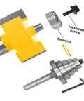 Top Shelf Rabbet Router Bit Set With Six Interchangeable Guide Rollers And Half Inch Shank for flawless wood joints, showing carbide bits and bearings.