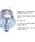Air Pressure Switch 110 To 145 PSI For Air Ride Or Compressor Systems, 1/8-27 NPT, DC 24V Or 12V, Durable Silver Body