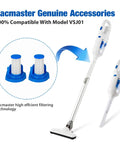 2 Premium Washable Filter Replacement For Stick Vac VSJ01 shown with vacuum and water cleanable filters display