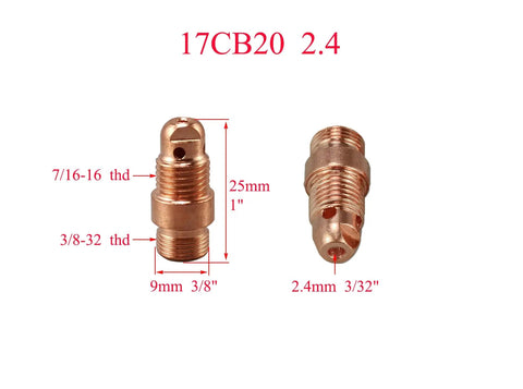 Stubby Gas Lens Collet Body Kit For TIG Weld Torches 17 And 26 Series with dimensions and threading details