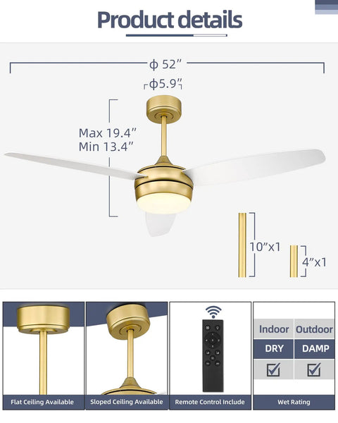 Product details of Modern Gold Ceiling Fan With Remote And LED Light 52 Inch Indoor Outdoor Ceiling Fan With 3 White Blades.