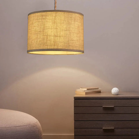 Cozy bedroom with Plug In Pendant Light Kit With Twisted Hemp Rope Cord 15 Foot Dimmable On Off Switch Linen Lamp Shade Hanging Ceiling Light