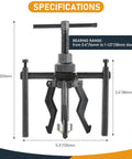 Three Jaw Inner Bearing Puller Set for Cars and SUVs with dimensions and bearing range specifications