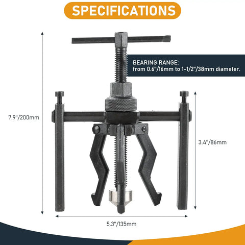 Three Jaw Inner Bearing Puller Set for Cars and SUVs with dimensions and bearing range specifications