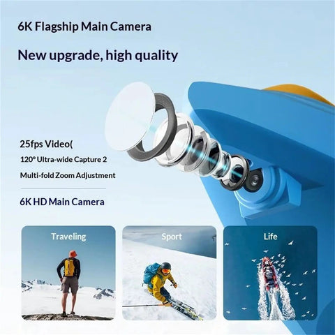 6K flagship main camera with HD quality, demonstrating video capture for travel, sport, and life moments.