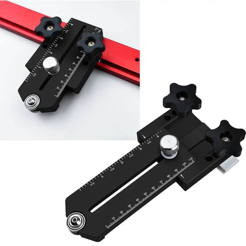 Extended Thin Ripping Jig for Woodworking, Aluminum Alloy Guide, dual bearings, black, 175mm range shown on table saw