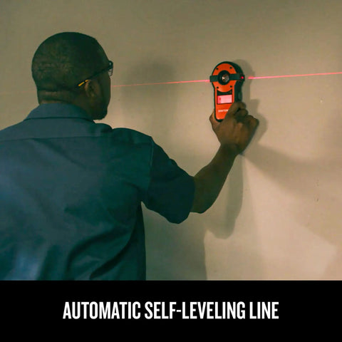 Person using 2-In-1 Laser Level And Stud Sensor Pro Grade Tool with self-leveling beam and 20 foot visibility on wall