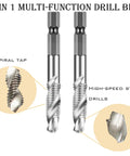 Close-up of Six Piece Drill And Tap Bit Combo Set HSS High Speed Steel With 1 Quarter Inch Hex Shank for quick threading.