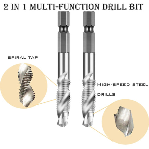 Close-up of Six Piece Drill And Tap Bit Combo Set HSS High Speed Steel With 1 Quarter Inch Hex Shank for quick threading.