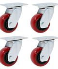 Kickass Heavy Duty Swivel Casters Four Pack With Slick Polyurethane Tires And Rock Solid Ball Bearings For Effortless Office Furniture And Shop Cart Glide Zero Hassle Install, featuring red wheels and chrome base.