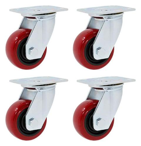 Kickass Heavy Duty Swivel Casters Four Pack With Slick Polyurethane Tires And Rock Solid Ball Bearings For Effortless Office Furniture And Shop Cart Glide Zero Hassle Install, featuring red wheels and chrome base.