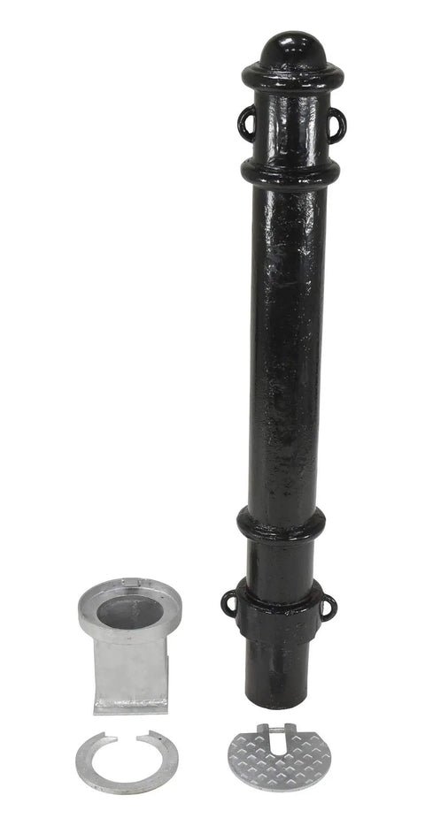 Built Tough Steel Underground Removable Ornamental Bollard 40 Inch Tall Black Powder Coated Finish For Driveway Protection And Parking Lot Security Includes Heavy Duty Chain Eyes To Block Unwelcome Traffic And Keep Your Space Locked Up Secure parts showing black bollard and metal base.