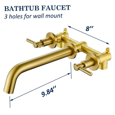 Two Handle Widespread Wall Mount Bathtub Faucet In Brushed Gold Solid Brass Tub Faucet With 3 Hole Rough In Valve And 9.8 Inch Spout