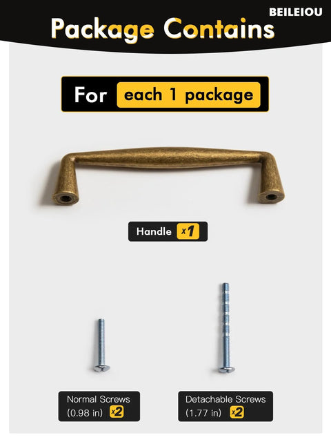 Antique Brass Zinc Alloy Cabinet Pulls With Three And Three Quarter Inch Hole Centers, handle with normal and detachable screws in package.