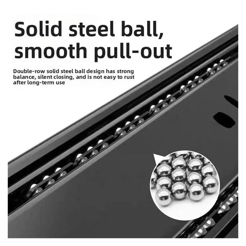 Close-up of 10 to 20 inch cold rolled steel drawer slides showing solid steel ball bearings for smooth pull-out
