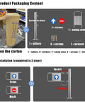 Product packaging contents for Heavy Duty Self Closing Swing Gate Built Tough With Galvanized Steel, showing screws, pillars, and installation parts.